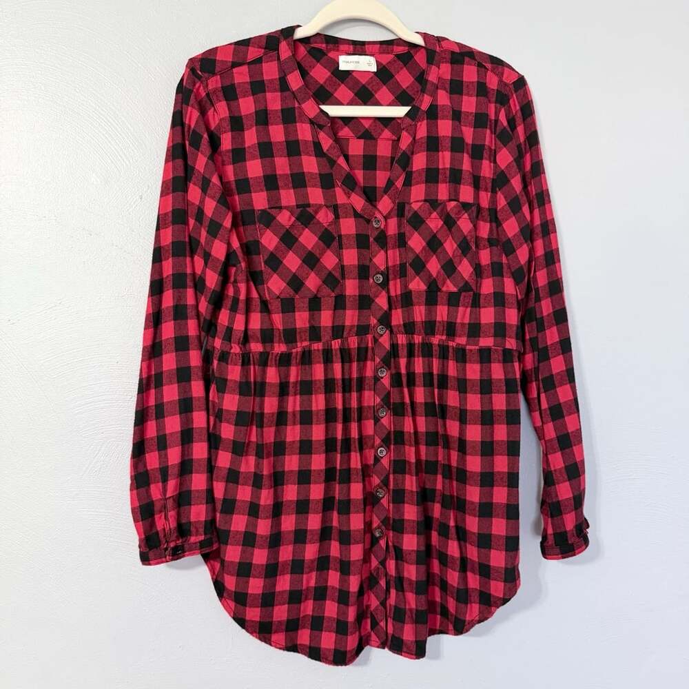Red and Black Buffalo Plaid Button-Front Empire Waist Tunic Shirt Large